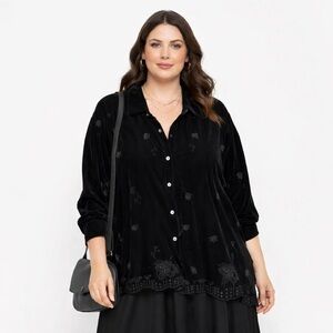 Vintage 90s y2k Black Velvet Button Down embroidered top whimsigoth witchy 3X/4X